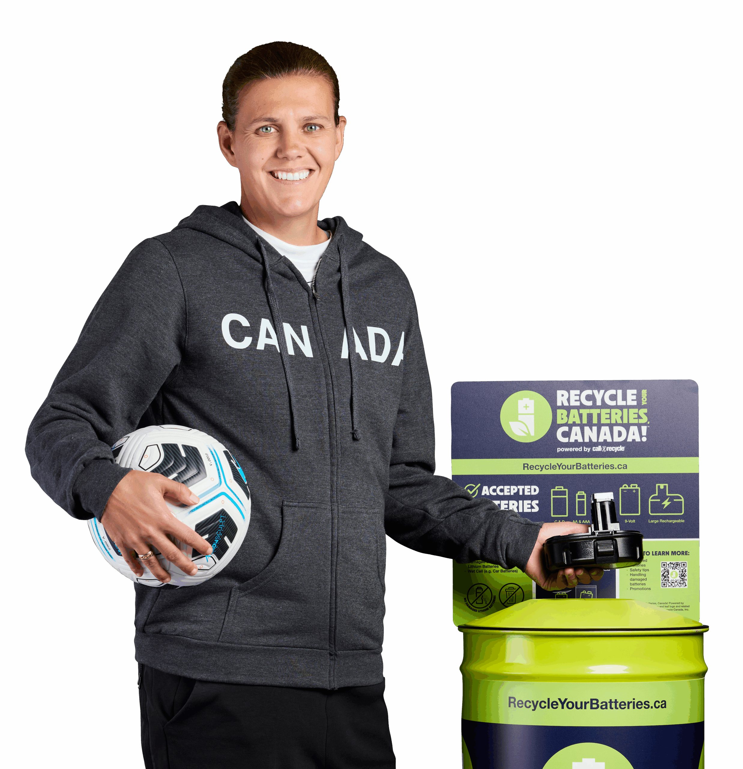 RecycleYourBatteriesCanada_ChristineSinclair Christine Sinclair dropping off used batteries into Recycle Your Batteries Canada smart container.